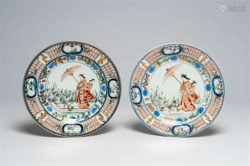 Two Japanese Imari 'Parasol Ladies' plates after Cornelis Pr...