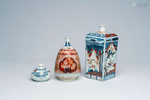 Two Japanese Imari bottles and a vase with floral design, Ed...