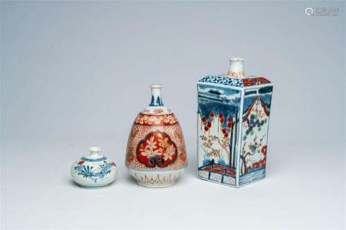 Two Japanese Imari bottles and a vase with floral design, Ed...
