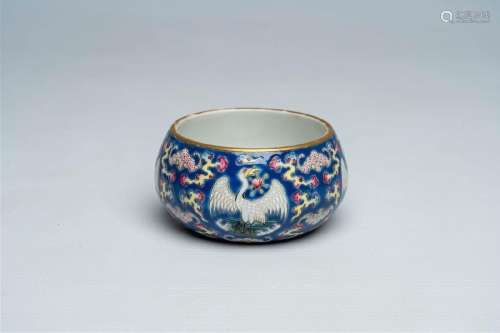 A Chinese blue ground famille rose 'cranes' bowl, Jiaqing ma...