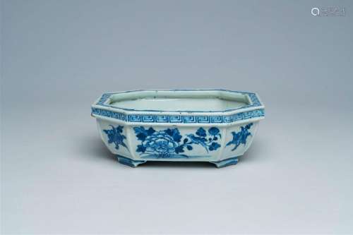 An octagonal Chinese blue and white jardinière with floral d...