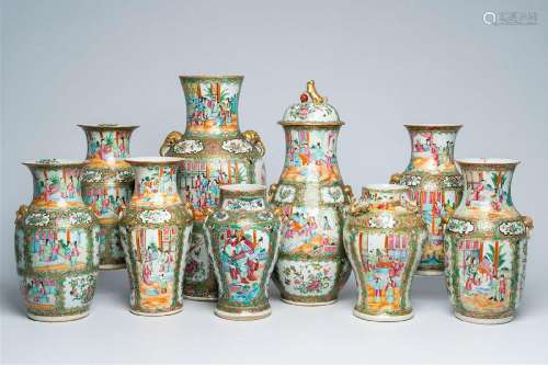 Nine Chinese Canton famille rose vases with palace scenes an...