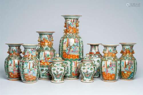 Nine Chinese Canton famille rose vases with palace scenes an...