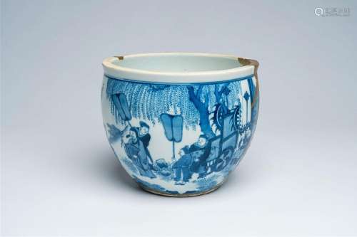 A Chinese blue and white 'Kangxi revival' jardinière with a ...