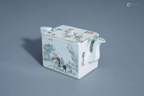 A rectangular Chinese qianjiang cai teapot and cover with di...