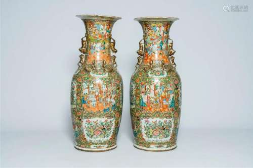 A pair of large Chinese Canton famille rose vases with palac...