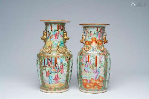 Two Chinese Canton famille rose vases with palace scenes and...