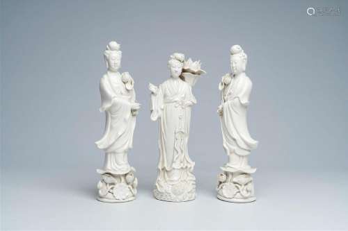 Three Chinese blanc de Chine figures of Guanyin, 20th C.