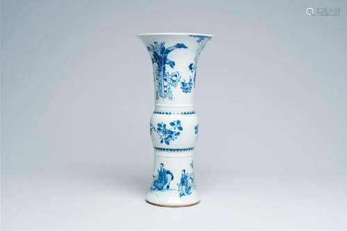 A Chinese blue and white Kangxi style 'gu' vase with figures...