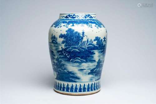 A large Chinese blue and white vase with a river landscape, ...