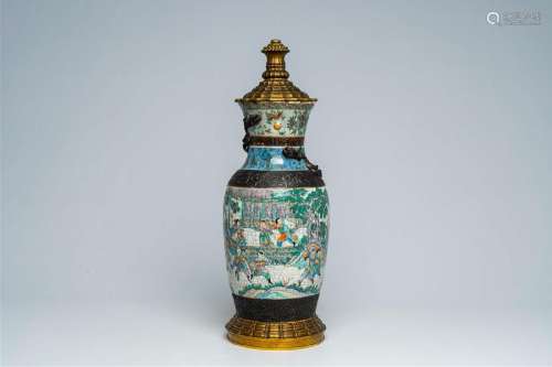 A Chinese Nanking crackle glazed bronze mounted famille rose...