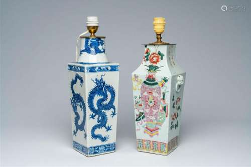 Two Chinese square blue, white and famille rose vases with d...