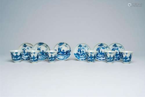 Six Chinese blue and white cups and saucers with Immortals i...