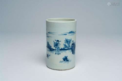 A Chinese blue and white Transitional style brush pot with f...
