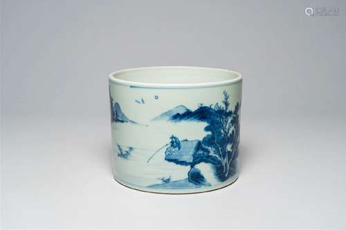 A Chinese blue and white brush pot with an animated river la...