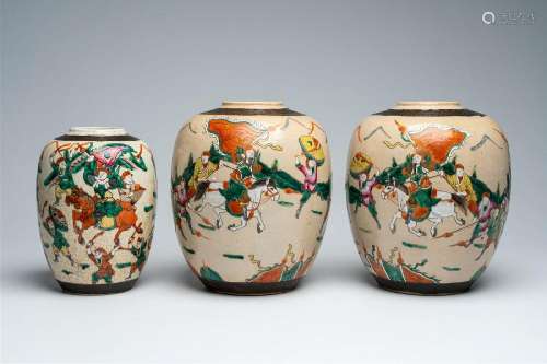 Three Chinese Nanking crackle glazed famille rose 'warrior' ...