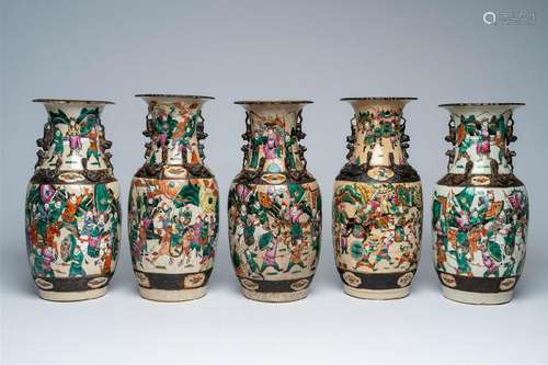 Five Chinese Nanking crackle glazed famille rose 'warrior' v...