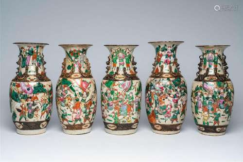 Five Chinese Nanking crackle glazed famille rose 'warrior' v...