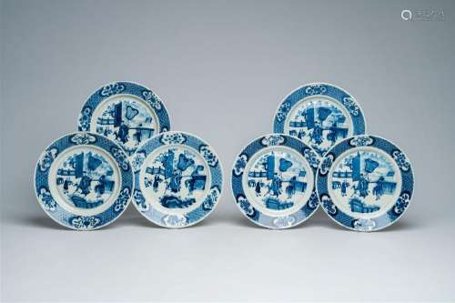 Six Chinese blue and white plates with figures in a palace g...