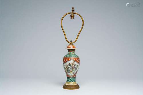 A Chinese famille verte 'warrior' vase mounted as a lamp, 19...