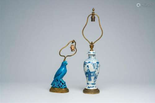 A Chinese blue and white vase and cover and a turquoise-glaz...