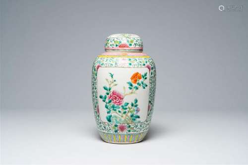 A Chinese famille rose ginger jar and cover with floral desi...