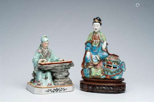 Two Chinese famille rose figures of a guqin player and a Gua...