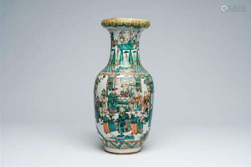 A Chinese famille verte vase with a palace scene all around,...