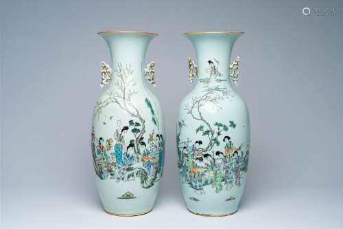 Two Chinese famille rose vases with ladies relaxing in a gar...