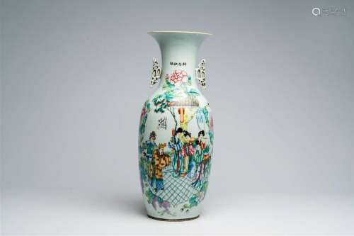 A Chinese famille rose double design vase with a palace scen...