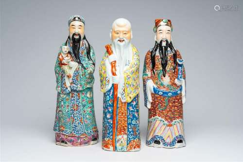 Three Chinese famille rose 'Star God' figures, 19th/20th C.