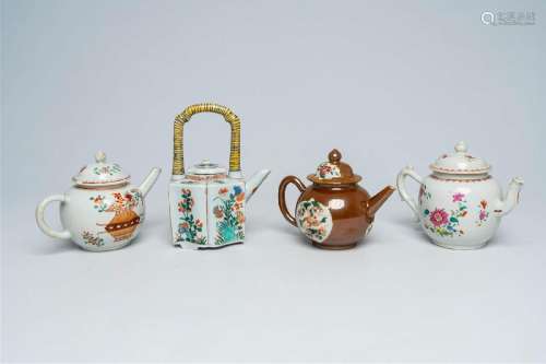Four Chinese famille rose and verte teapots, 18th/19th C.