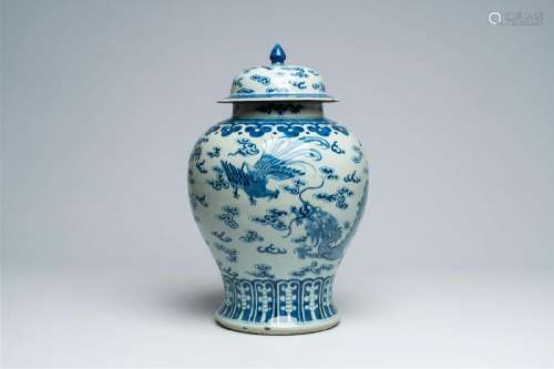 A Chinese blue and white 'dragons and phoenixes' vase and co...