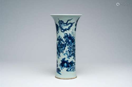 A Chinese blue and white Transitional style beaker vase with...