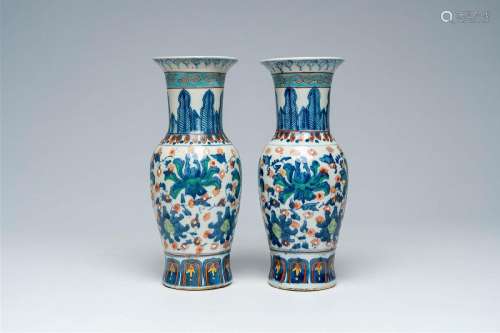 A pair of Chinese blue and white European clobbered decorate...