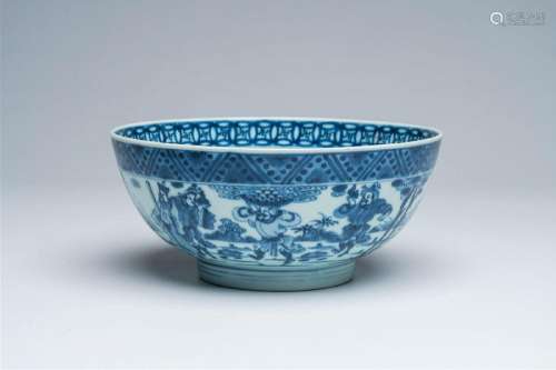 A Chinese blue and white bowl with a dromedary and warriors ...