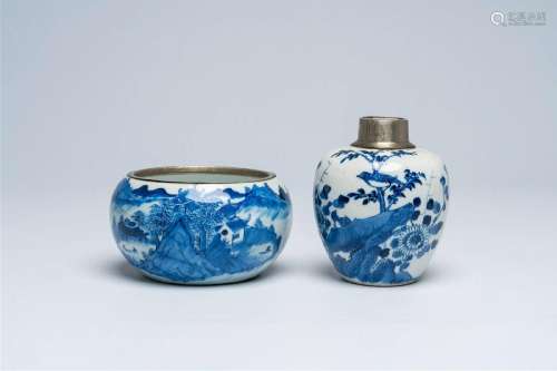 A Chinese blue and white 'landscape' brush washer and a vase...