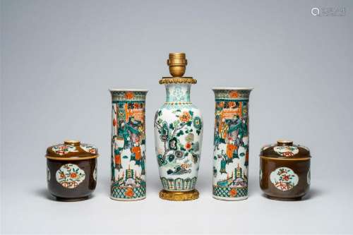 Three Chinese famille verte vases and a pair of Batavian war...