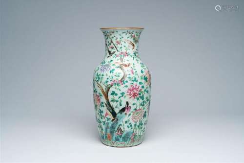 A Chinese famille rose vase with different birds among bloss...