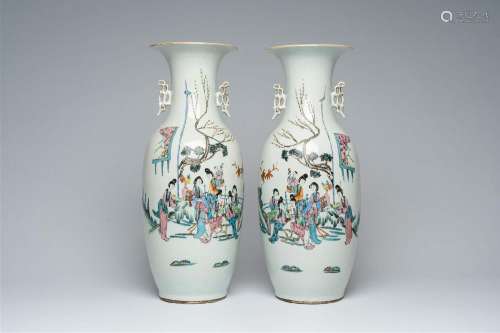 A pair of Chinese famille rose vases with ladies in a garden...