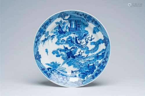 A Chinese blue and white 'dragon and phoenix riders' charger...