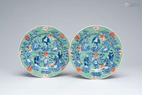 A pair of clobbered Chinese blue and white 'Eight Immortals'...