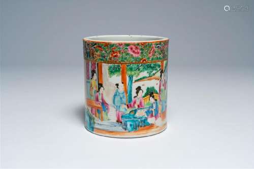 A Chinese Canton famille rose brush pot with palace scenes a...