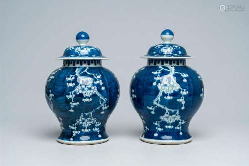A pair of Chinese blue and white prunus on cracked ice groun...