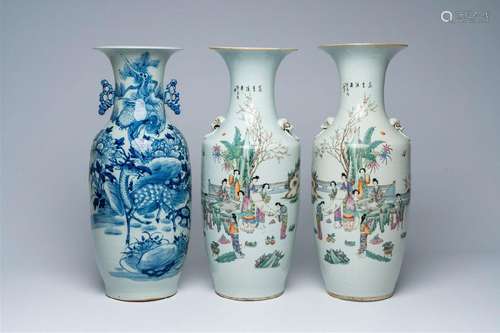 A pair of Chinese famille rose vases with ladies at leisure ...