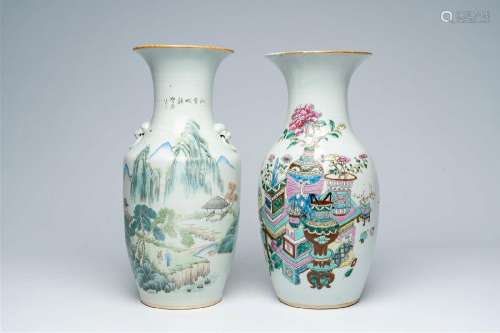 Two Chinese famille rose and qianjiang cai vases with antiqu...