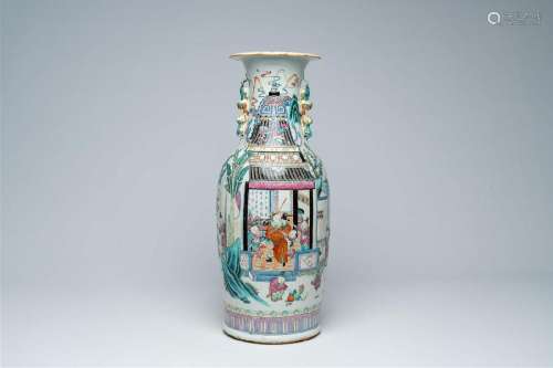 A Chinese famille rose vase with an animated palace scene al...