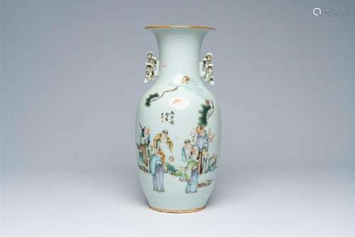 A Chinese famille rose vase with scholars admiring a scroll,...