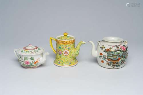 Three various Chinese famille rose and qianjiang cai teapots...