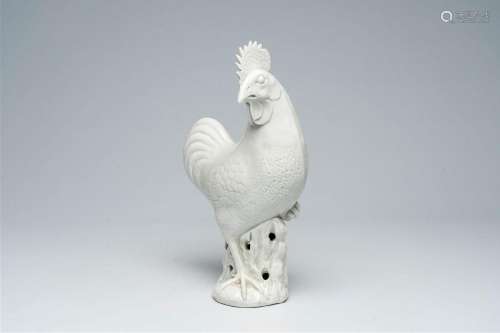 A large Chinese blanc de chine model of a rooster, 19th C.